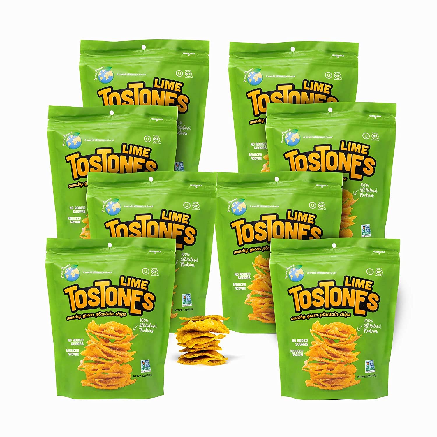 Prime Planet TOSTONES Green Plantain Chips, LIME Flavored, 3.53 Oz per Unit, Re-Sealable Bag, 8 Pack
