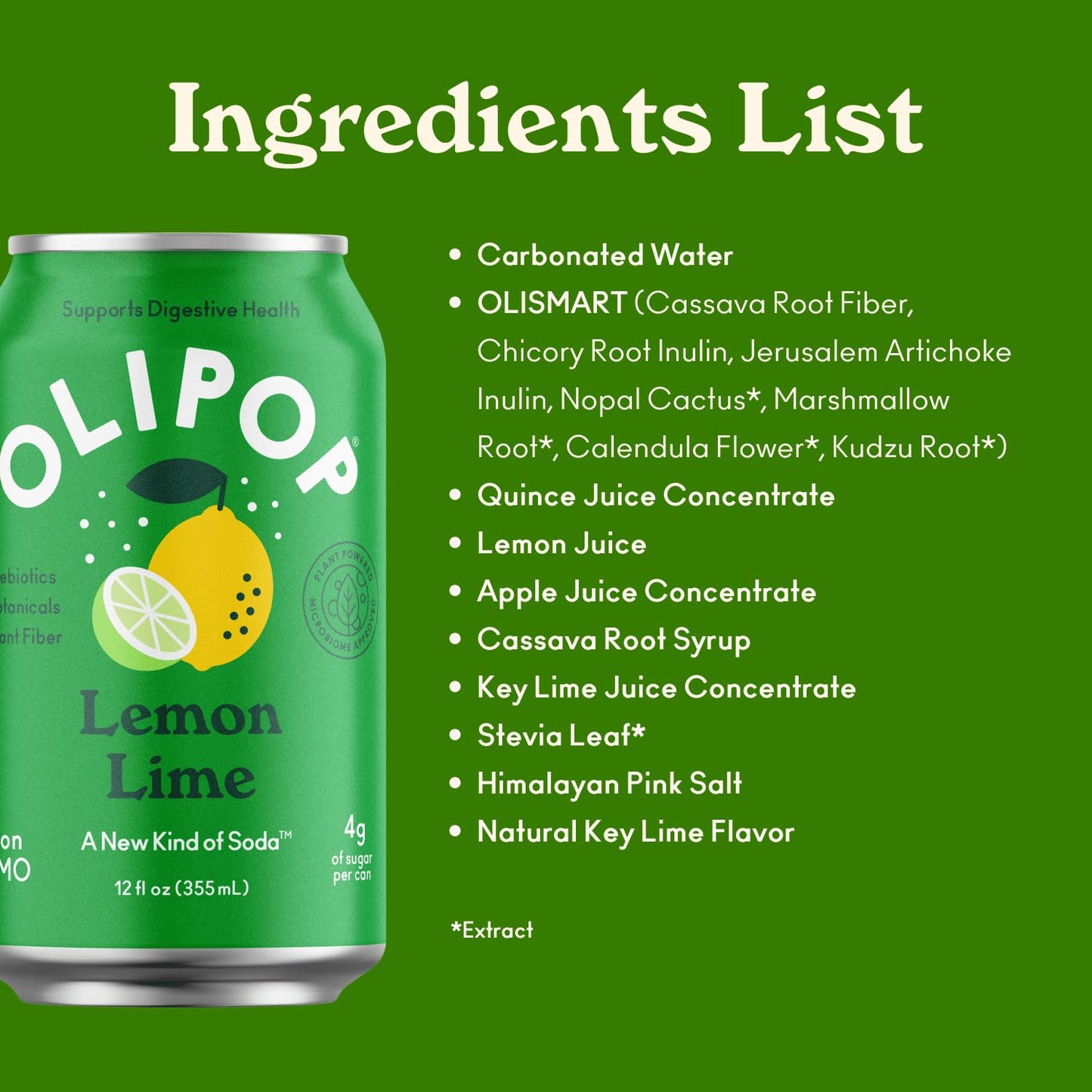 OLIPOP Prebiotic Soda Pop  Lemon Lime  Prebiotics  Botanicals  Plant Fiber  12 fl oz