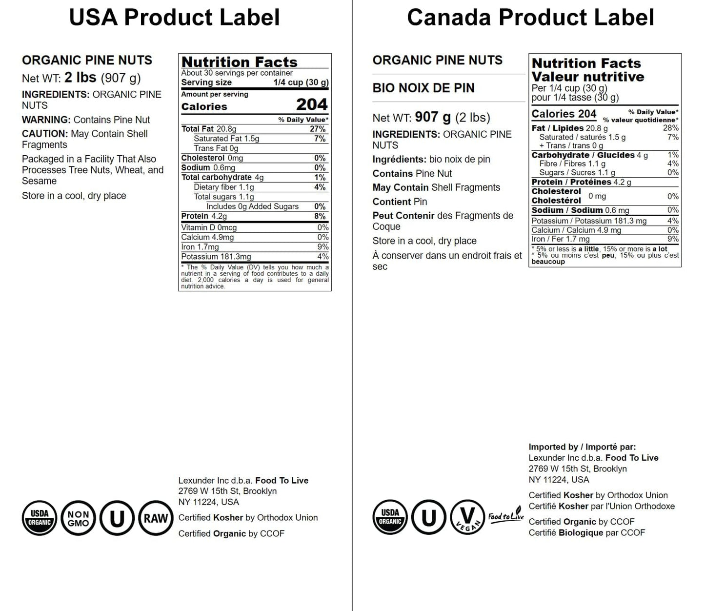 Food to Live Organic Pine Nuts, 2 Pounds - Non-GMO, Whole Raw Pignolias, Unsalted, No Shell, Vegan, Kosher, Bulk Snack. Rich in