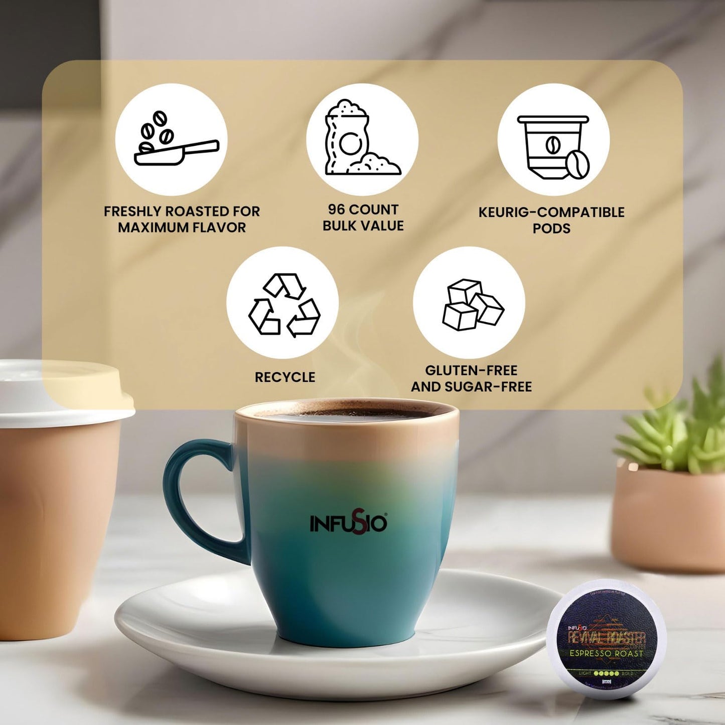 InfuSio Coffee Pods Espresso Roast Dark Roast 96 Count Single Serve for Keurig K Cups