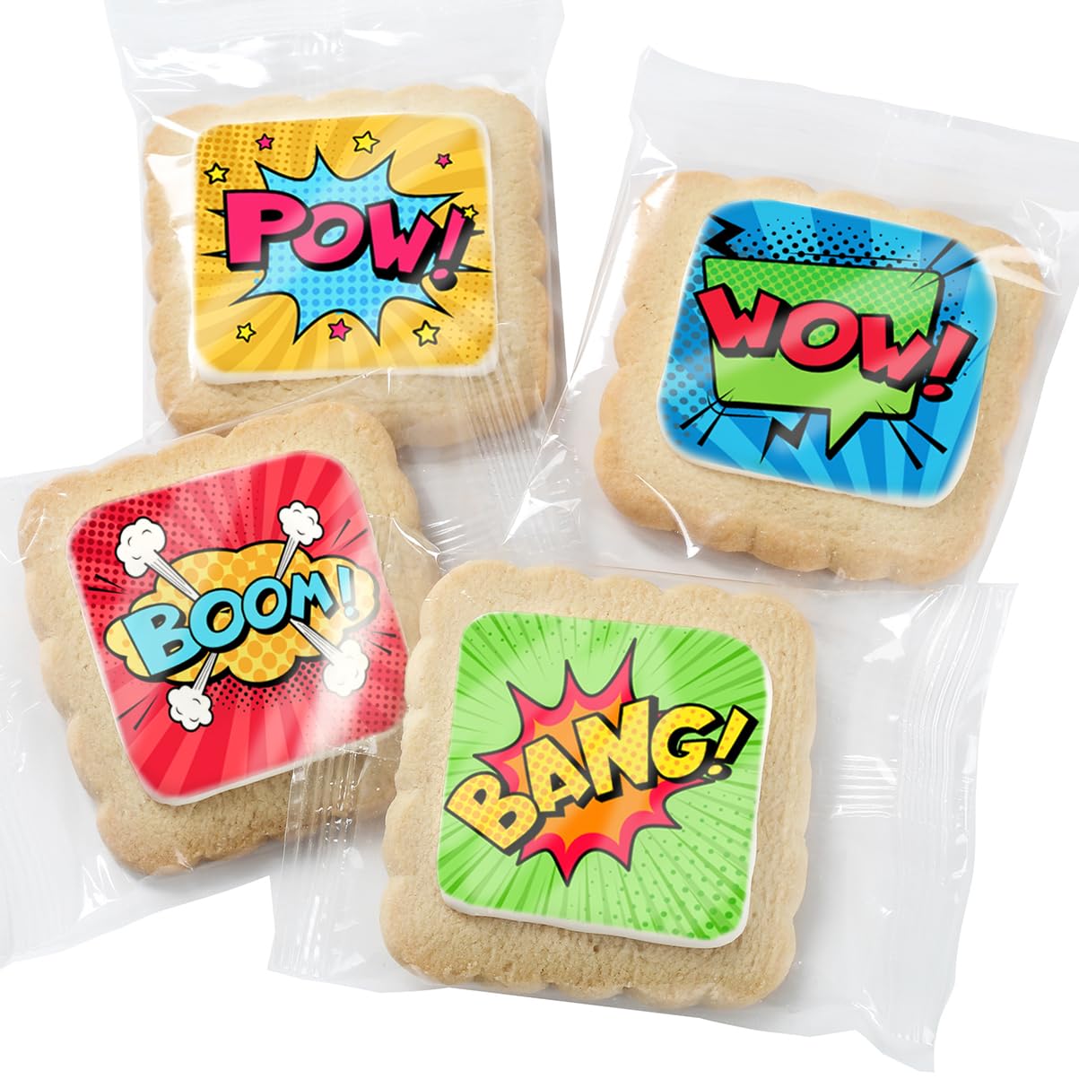Superhero Cookies 24 Pack | Bulk Party Favors Birthday Party | Pow Boom Bang Wow