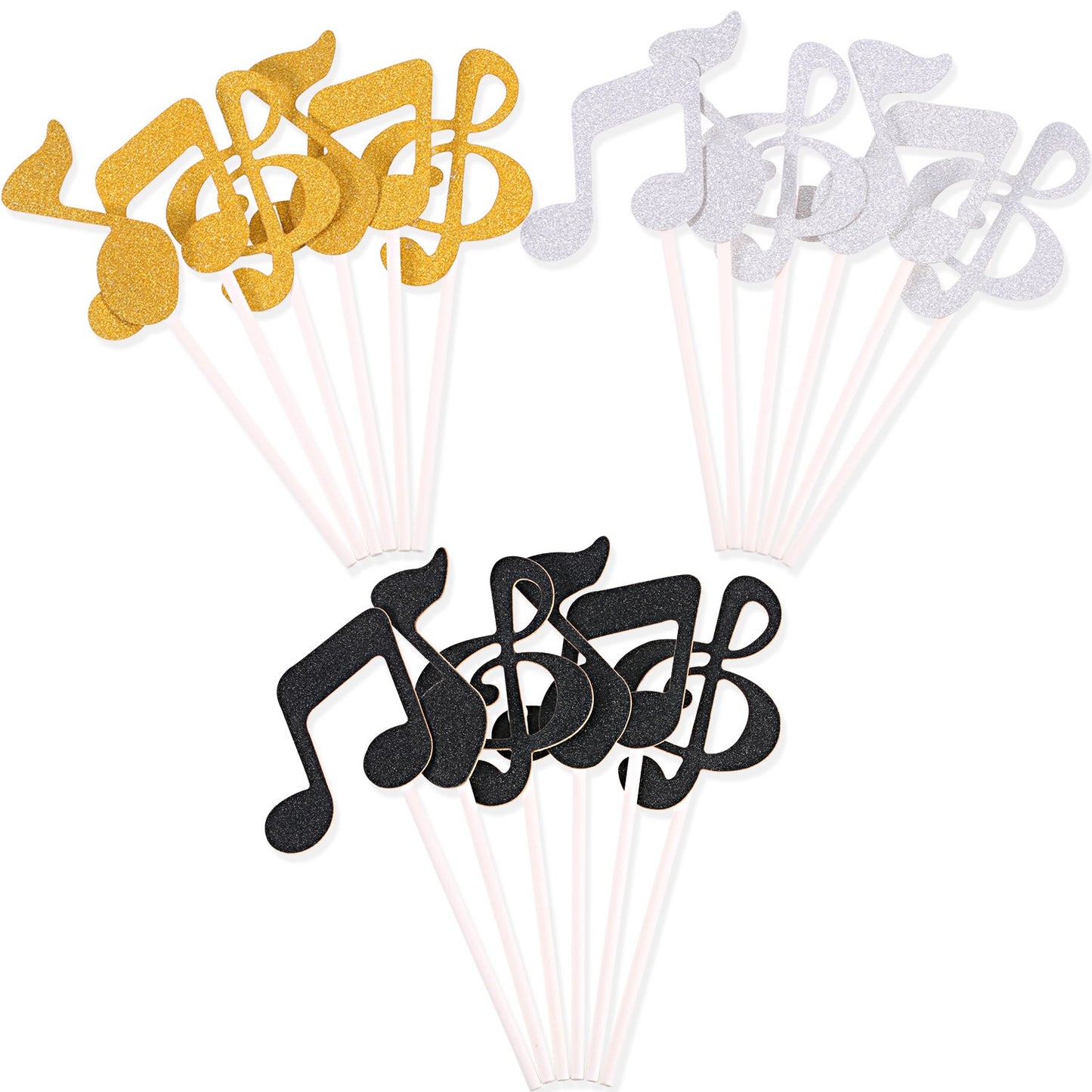 72 Pieces Glitter Music Notes Cupcake Toppers Cake Toppers Picks for Food Fruit and Birthday Party Decoration (Gold, Black, Silv
