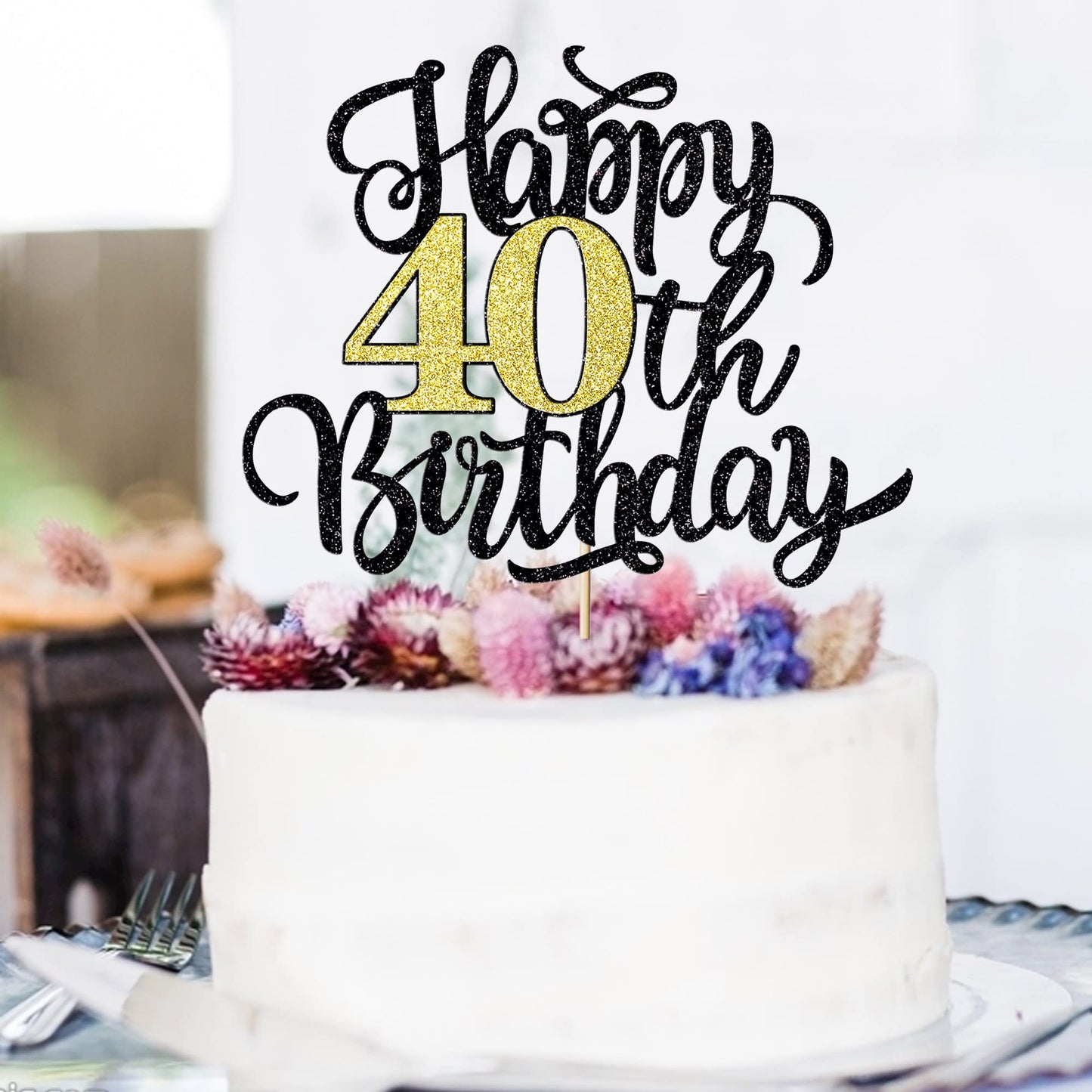 Leetaivie Happy 40Th Birthday Cake Topper, Black Gold Glitter Birthday Cake Topper, 40Th Anniversary/ 40Th Birthday Party Decora