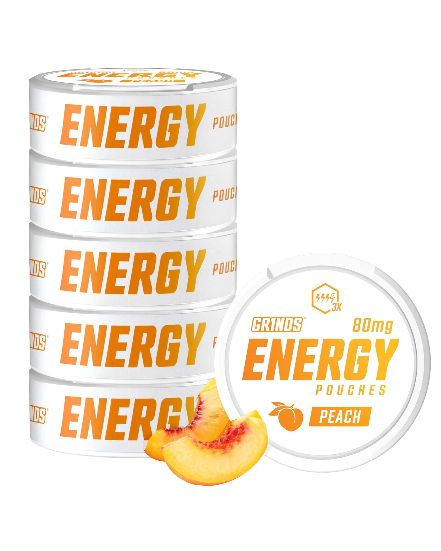 GRINDS Energy Pouches - Natural Caffeine with B-Vitamins - Peach - 15 Count (Pack of 6) - Sugar-Free, 0 Calories, 80mg Caffeine Each