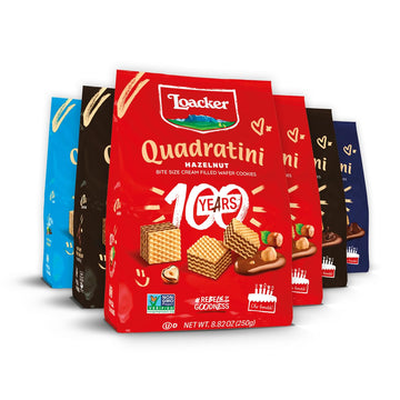 Loacker Quadratini Wafer Cookies Variety Pack - 30% Less Sugar, Mix of Hazelnut, Dark Chocolate, Vanilla - 8.82 oz (Pack of 6)
