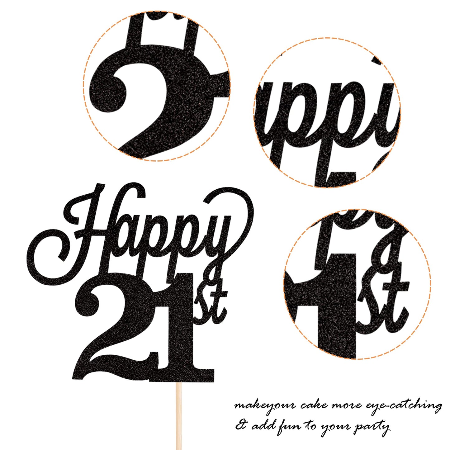 YCTHUNFISH 21st Birthday Cake Topper Black Glitter Number 21 Bamboo Decoration for Birthday Party Supplies