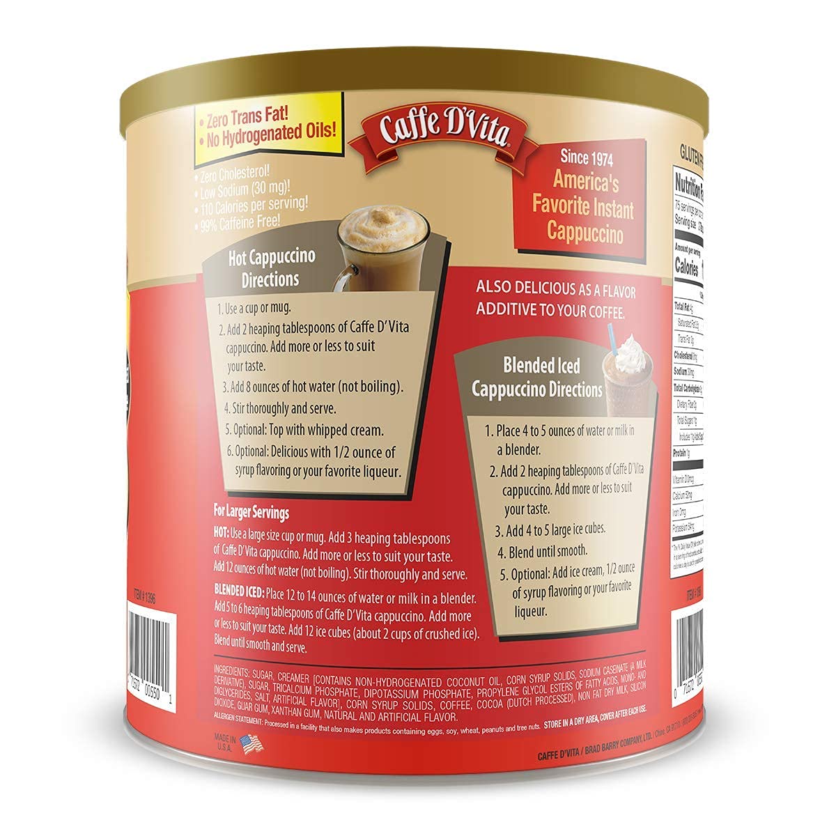 Caffe DVita Mocha Cappuccino Mix - Instant, Gluten Free, 4 lb Can (64 oz)