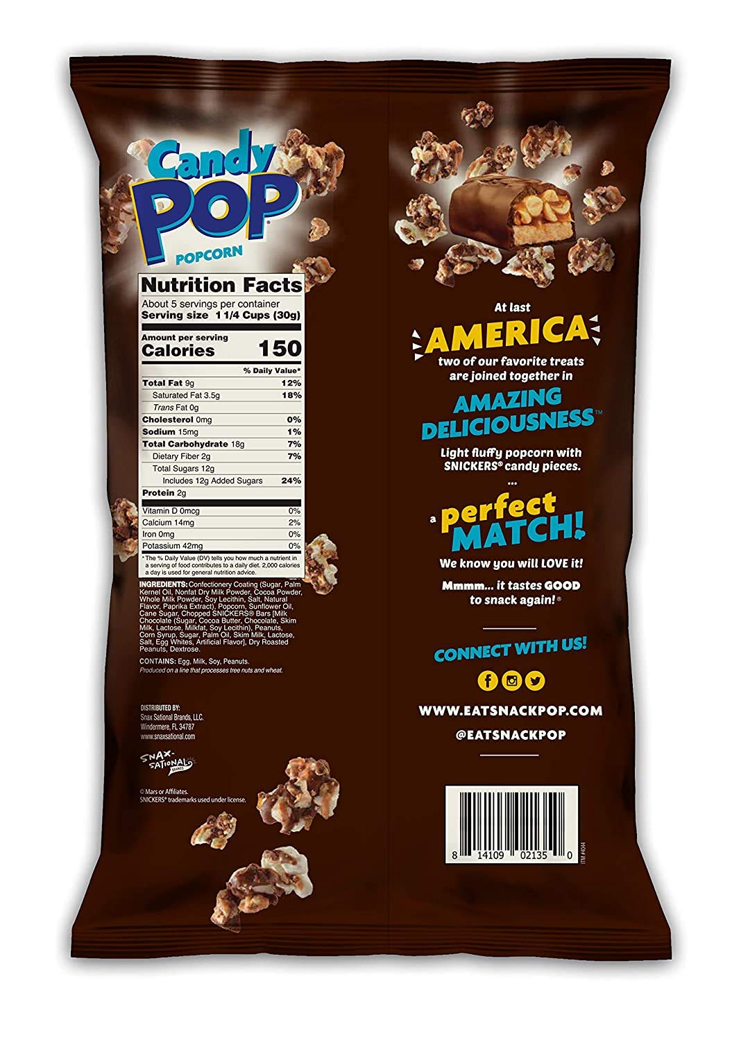 Snack Pop Snickers Candy Coated Popcorn, Made With Real Candy Pieces, Drizzled With Chocolate And Caramel, Non-Gmo, 5.25Oz