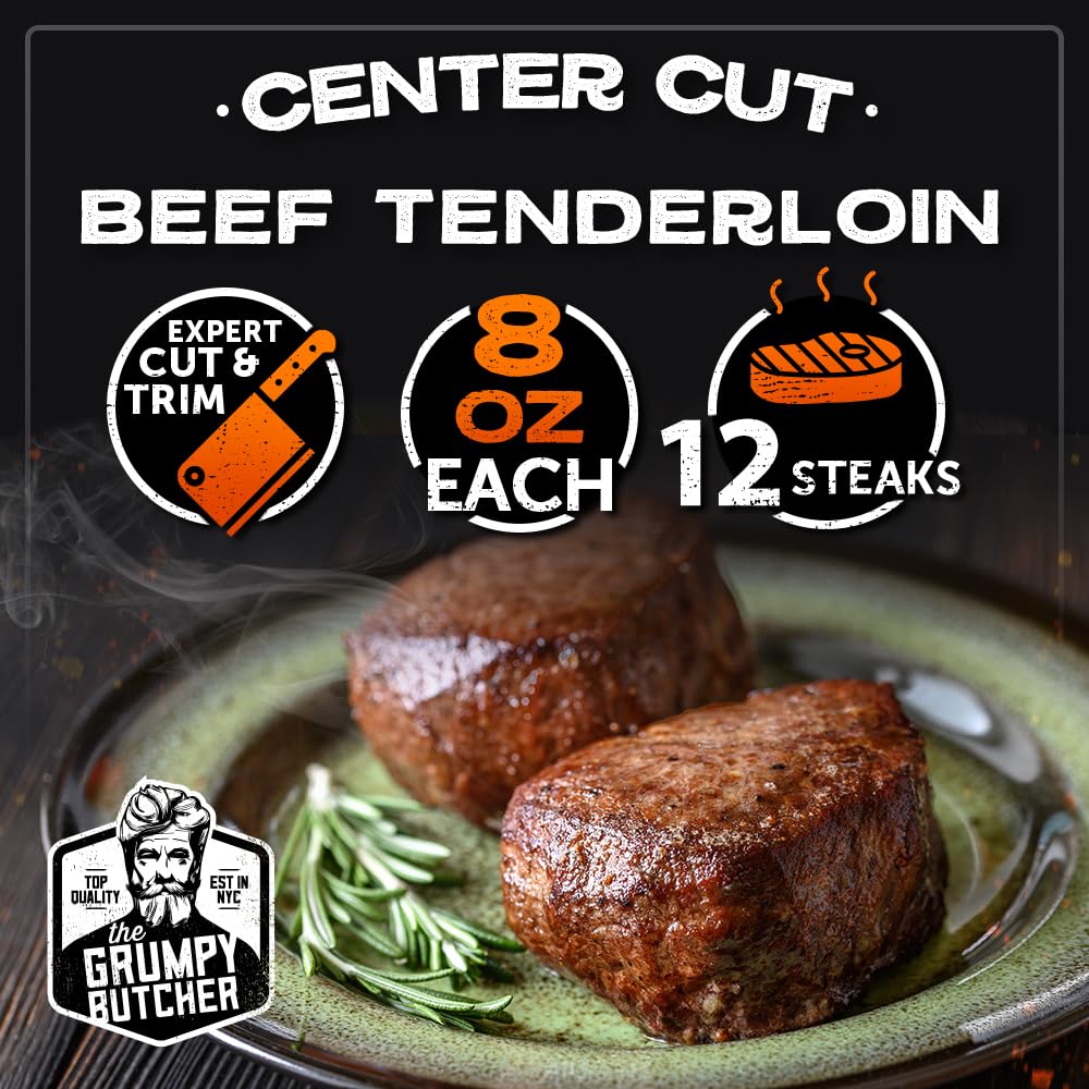 Grumpy Butcher Large Filet Mignon Steak (8 Oz Each, 12 Pack) | Steak House Size Beef Tenderloin Center Cut | Bulk Steak Package