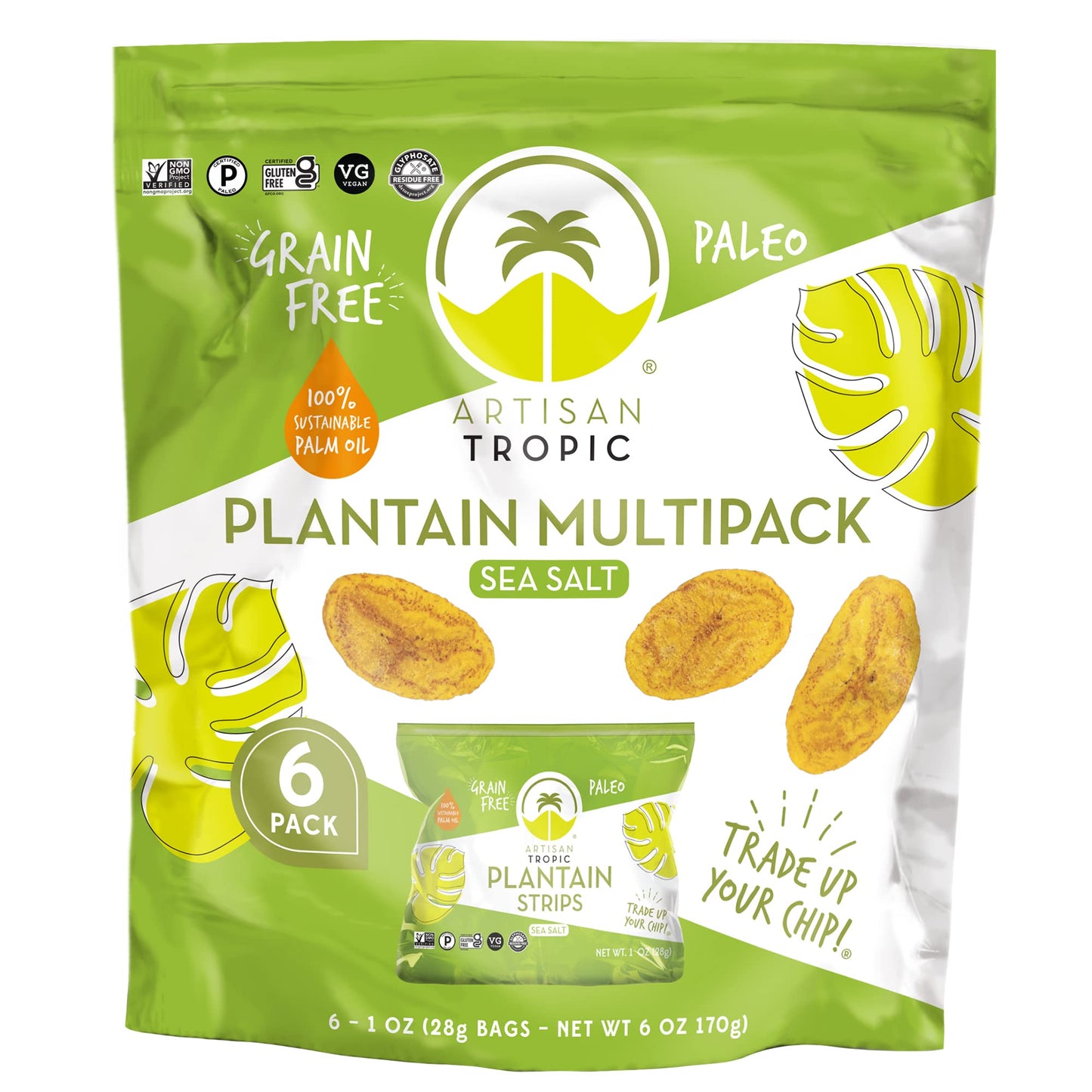Artisan Tropic Plantain Strips Sea Salt - 6 Pack, 1Oz - Vegan, Paleo, Gluten Free Chips - Individual Bags Healthy Snacks For Sch