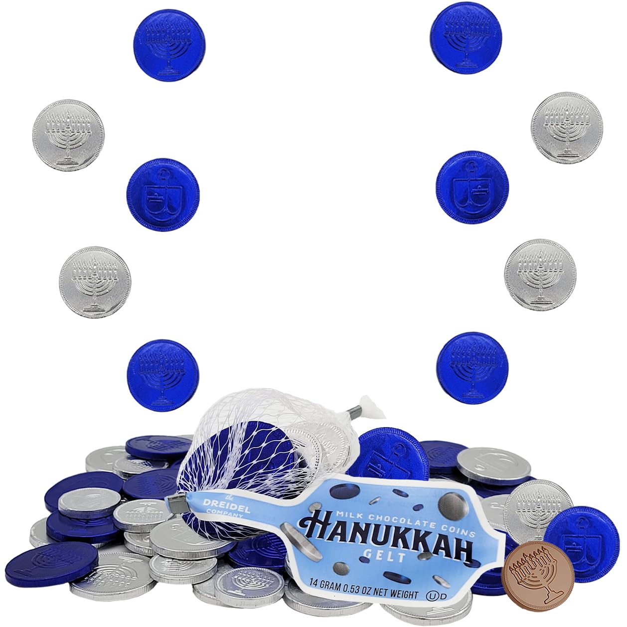 The Dreidel Company Hanukkah Chocolate Gelt, Blue & Silver Coins, 100 Mesh Bags, Gluten Free, Non-GMO, Kosher Certified Dairy