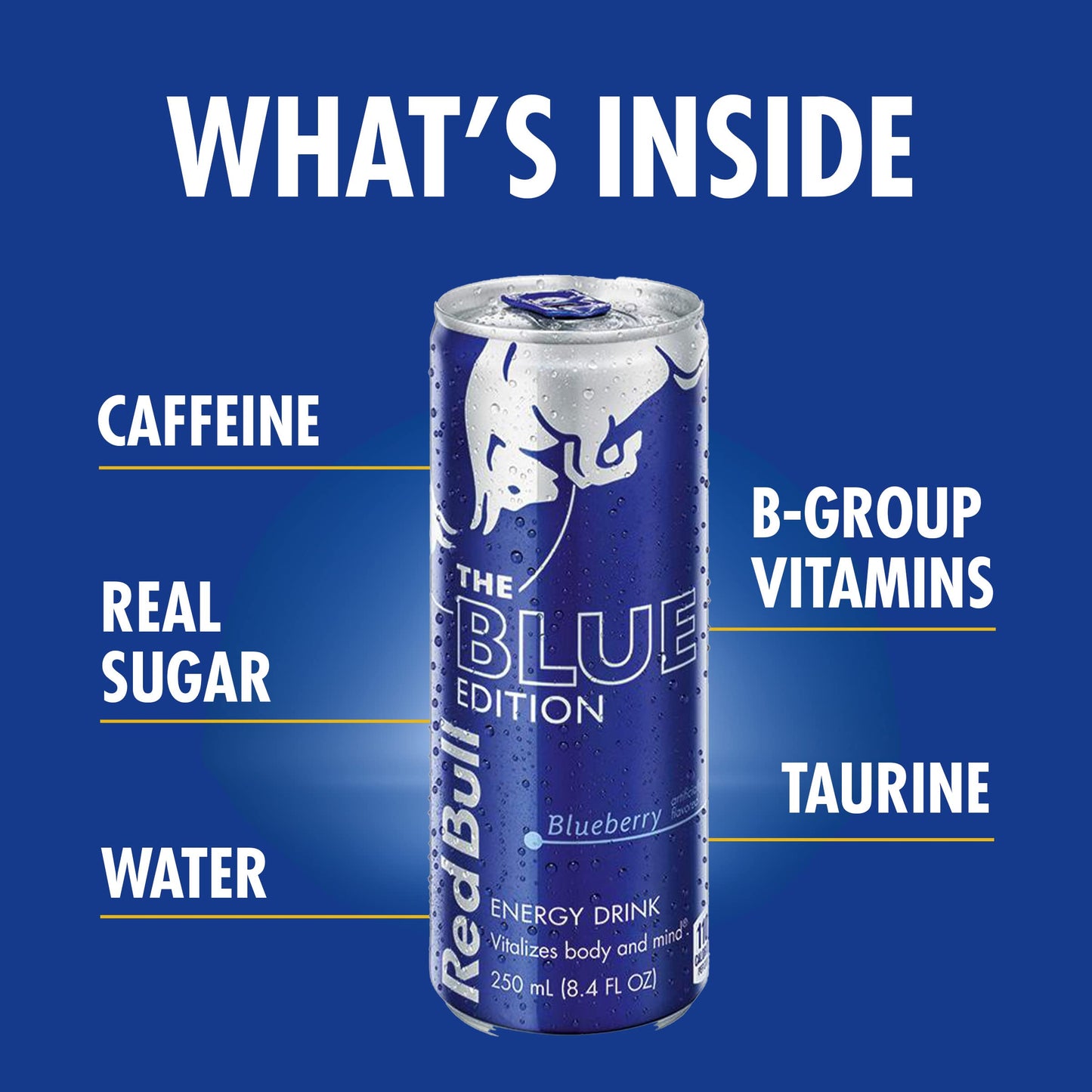 Red Bull Energy Drink Blue Edition, Blueberry Flavor, 114mg Caffeine, 12 Fl Oz, Pack of 4 Cans