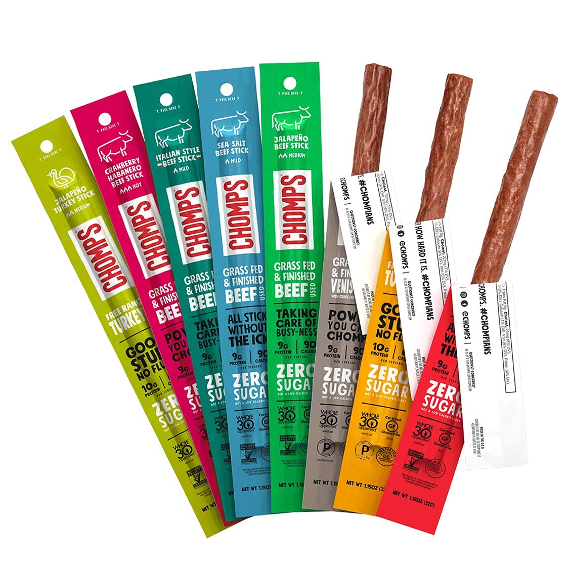 Chomps Variety Trial Pack  Grass Fed and Free Range Beef & Turkey Sticks  8 Flavor Pack - Keto  Paleo  Whole30