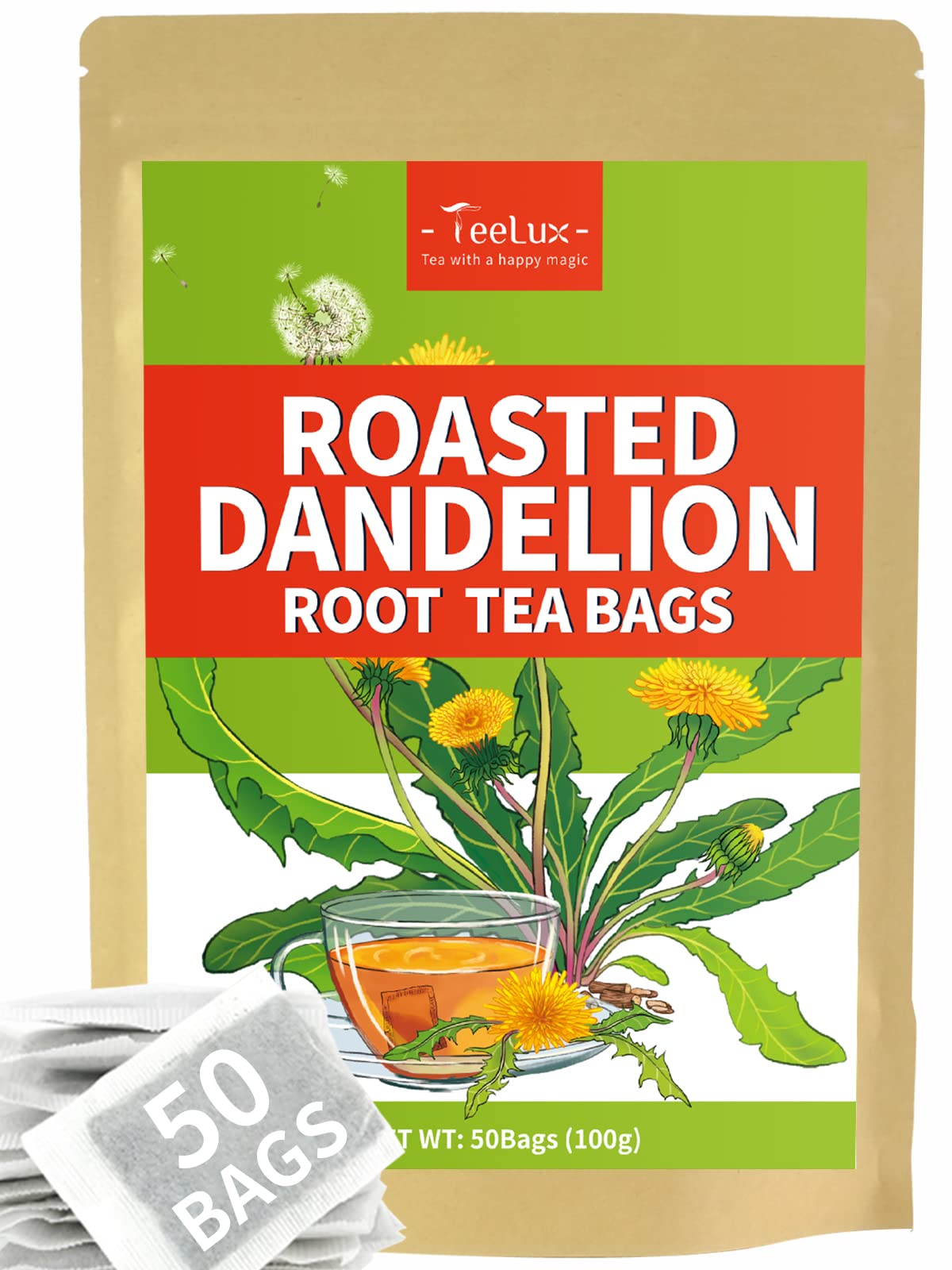 TeeLux Roasted Dandelion Root Herbal Tea Bags, Caffeine Free, 50 Count