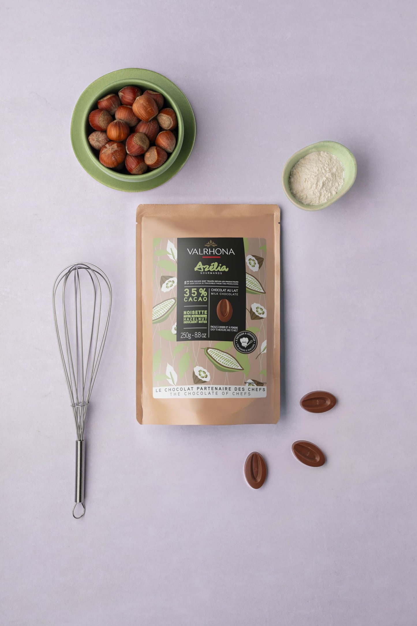 VALRHONA Milk and Hazelnut Chocolate Discs, AZÉLIA 35% Cacao, Easy Melt, 250g Pack