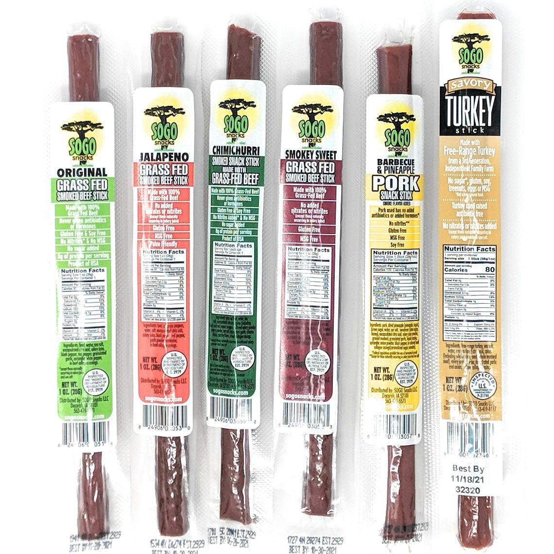 Sogo Snacks Meat Sticks Variety Pack, 6 Flavors, 100% Grass-Fed Beef, Free-Range Turkey, Natural Pork, 1 oz each, Pack of 144