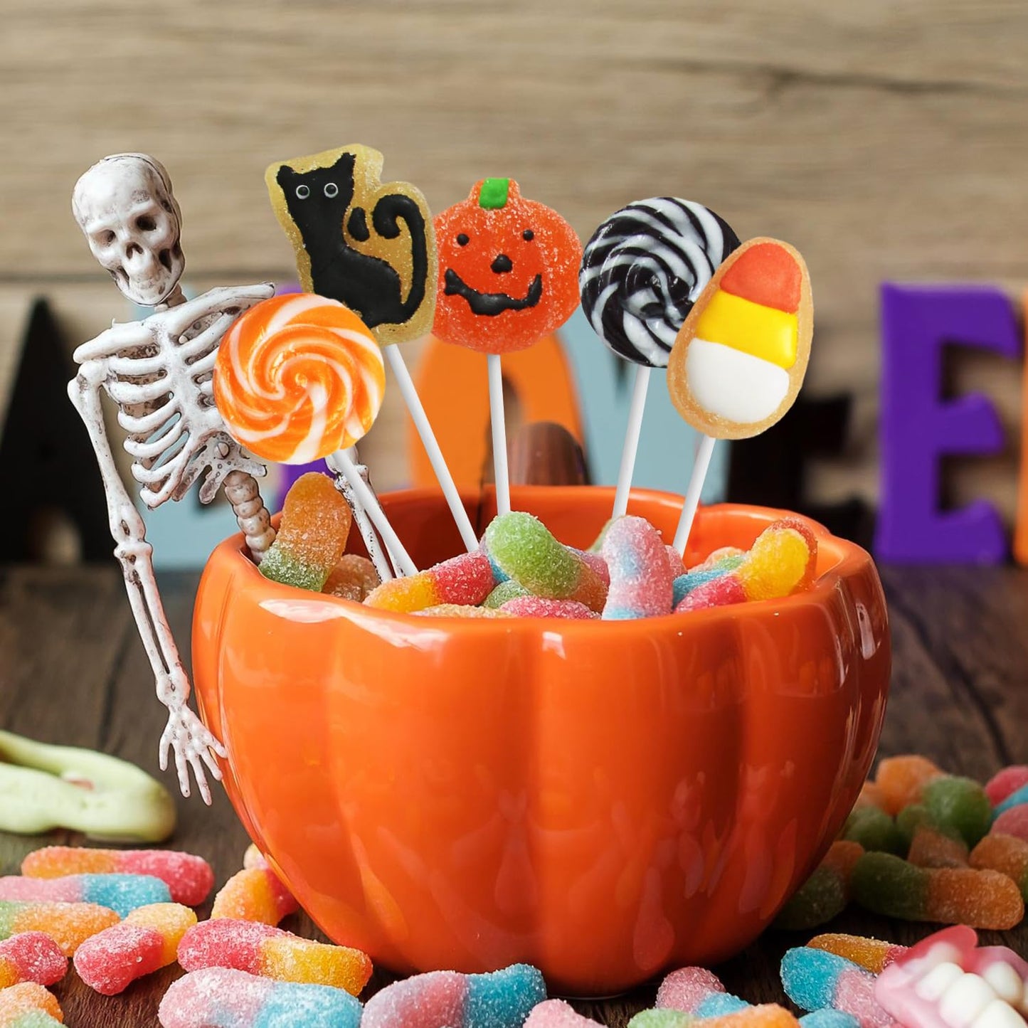 Halloween Lollipop Suckers  24 Pieces of Bulk Suckers Individually Wrapped  Colorful Candy Lollipops for Trick or Treat Bags  Fun Halloween Shaped Candy Party Favors