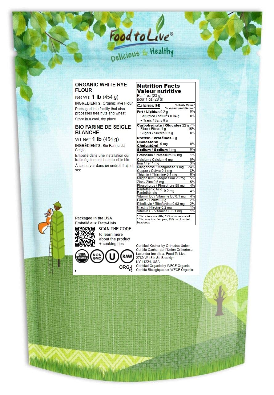Food To Live Organic White Rye Flour, 1 Pound - Non-Gmo, Unbleached, Light, Medium Protein, Vegan, Kosher, Finely Milled Berries