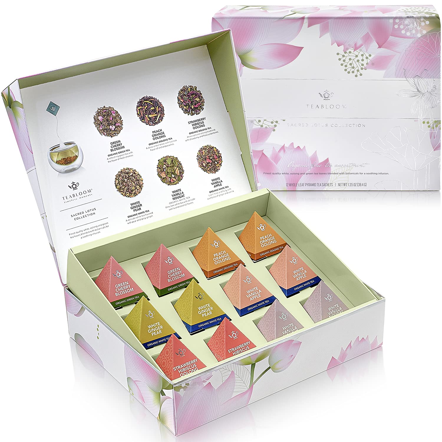 Teabloom Organic Sacred Lotus Pyramid Tea Presentation Box  12 Assorted Usda Certified Organic Whole-Leaf Pyramid Tea Sachets  Green Tea  Oolong Tea  White Tea