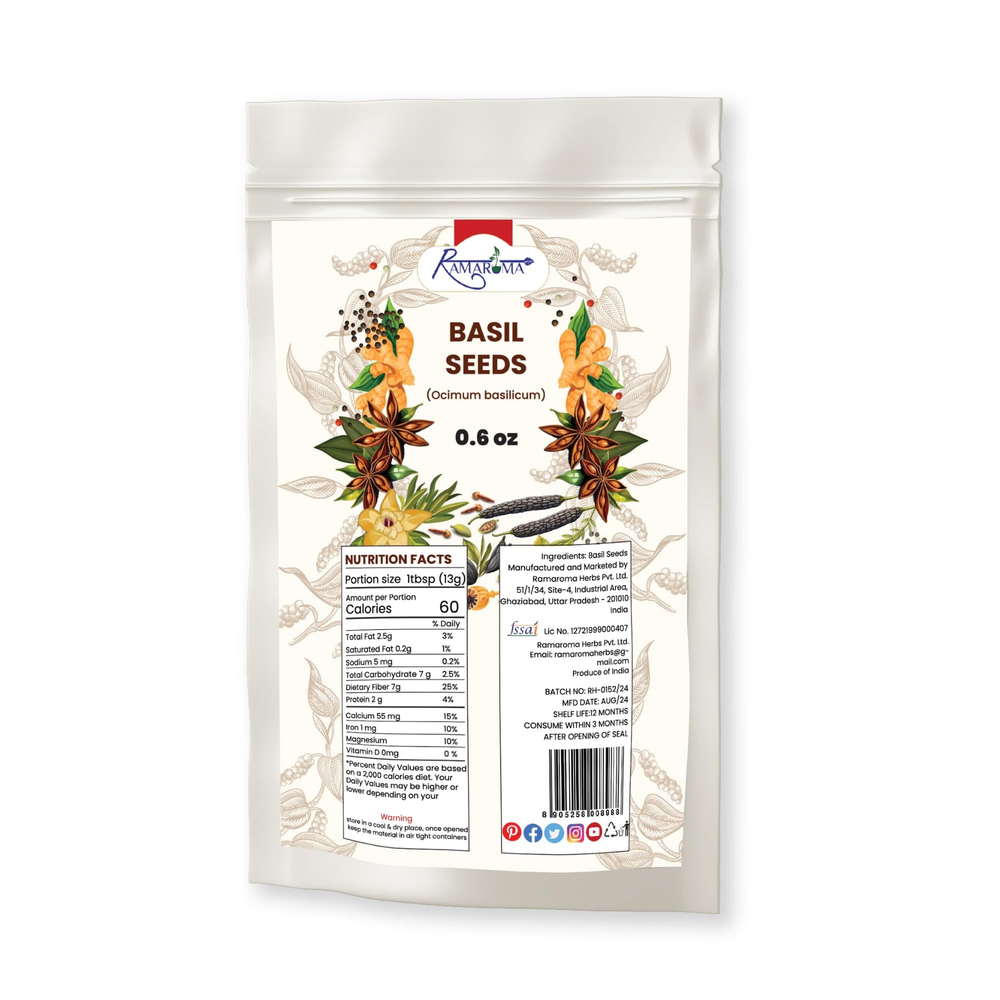 Ramaroma Basil Seeds (Tukmaria) USDA Organic, Plant Based, 0.6 oz