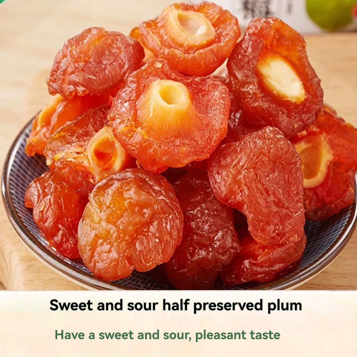 Five types mixed with fruit at 10.58oz/300g. Snowflake green plum, Yangmei, Ximei, semi dried plum, green plum, and mixed dried