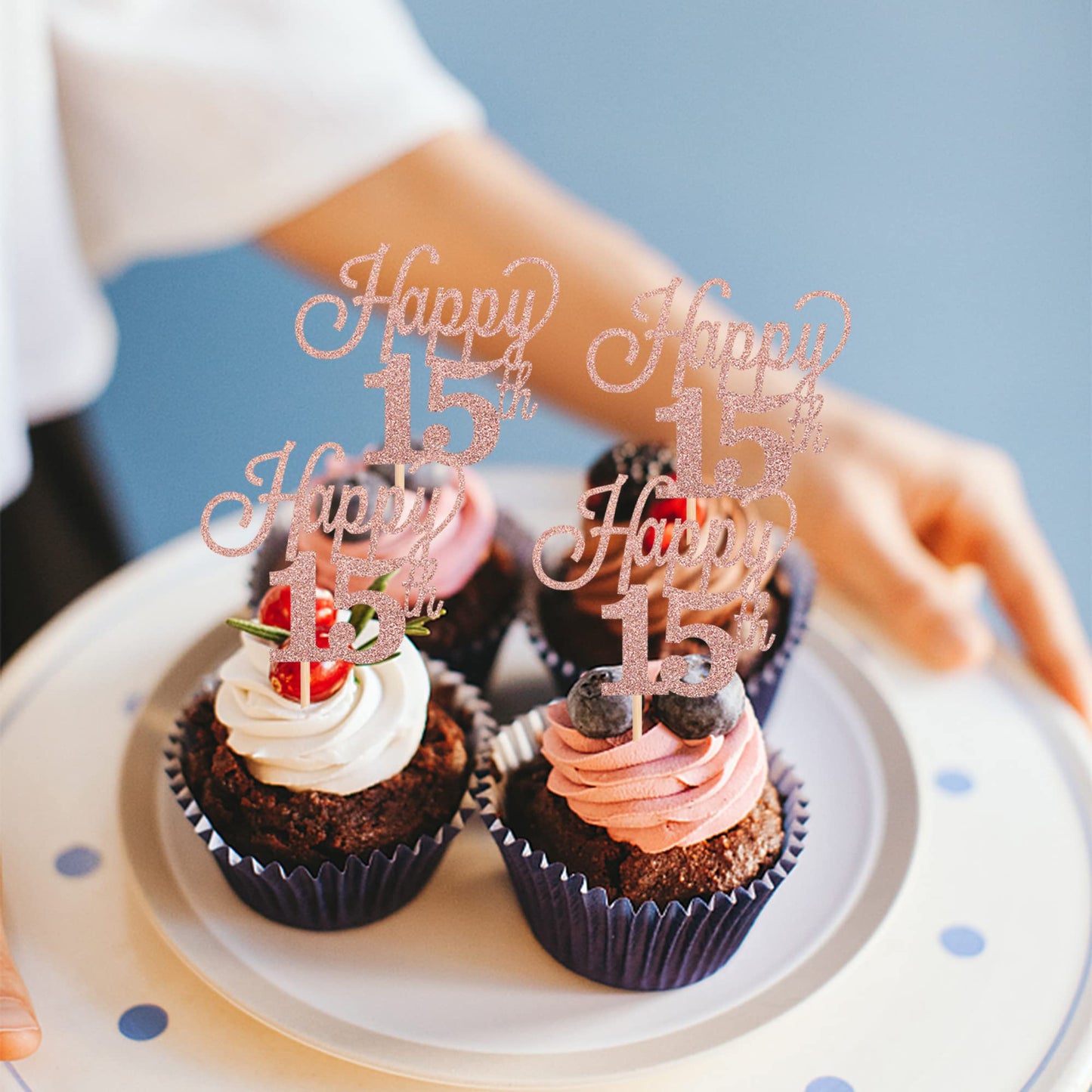 YCTHUNFISH 30 Pack Cupcake Toppers Glitter Number 15 Rose Gold Bamboo Decorations for 15th Birthday Party