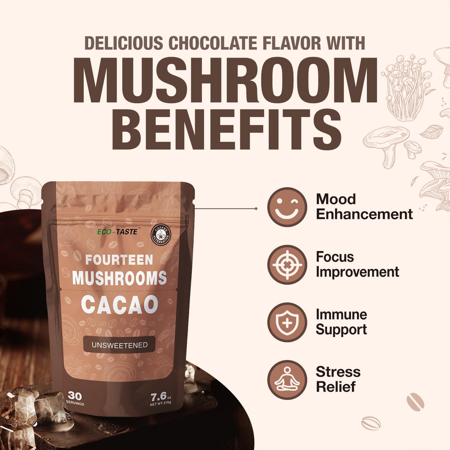 Mushroom Coffee Alternative 14 In 1 - 30 Servings, Cacao With 800Mg Mushrooms - Lion'S Mane, Reishi, Maitake, Turkey Tail, Chaga