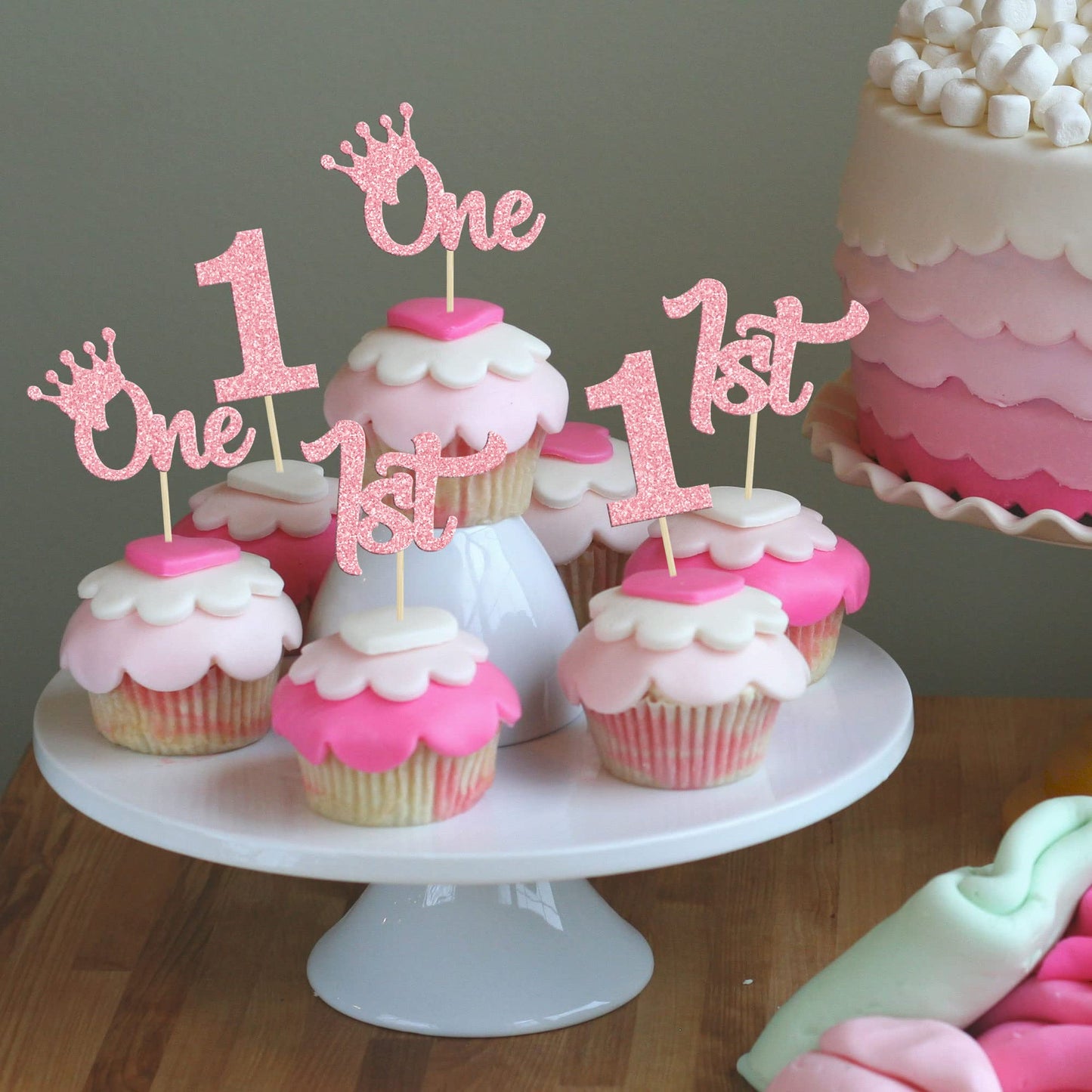 24Pcs One Cupcake Toppers Glitter 1St Birthday Cupcake Pick Decorations For Baby Shower First Birthday Party Cake Decorations Su