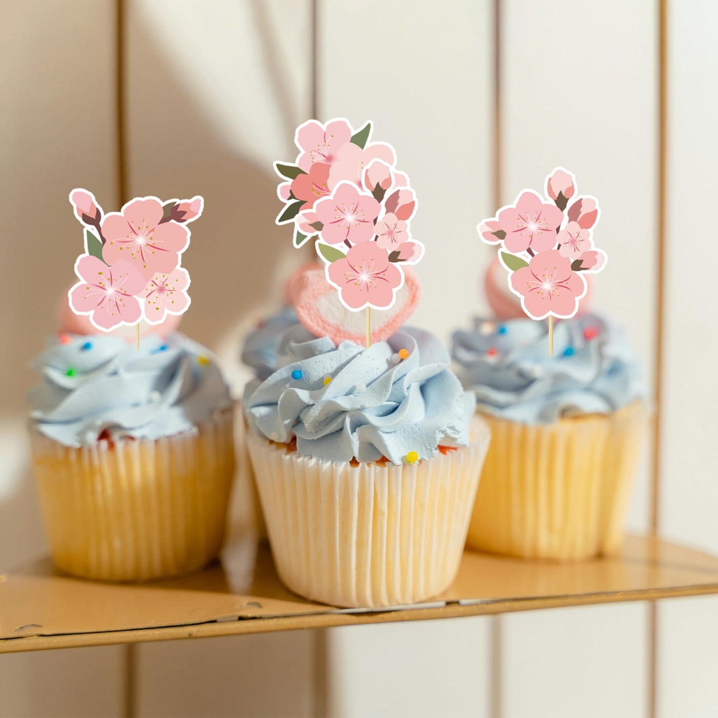 24Pcs Cherry Blossom Cake Decoration Cherry Blossom Flowers Cupcake Toppers Flowers Cake Decoration Wedding Birthday Baby Shower
