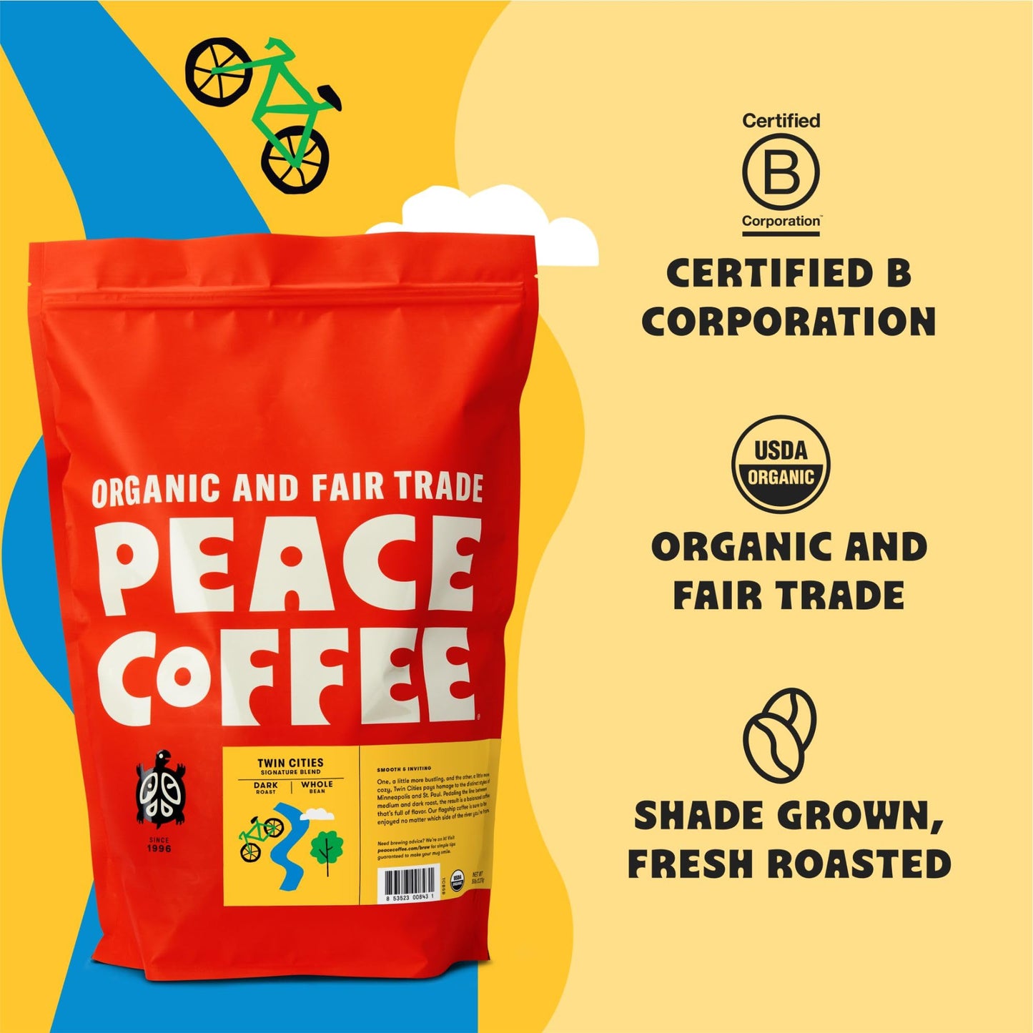 Peace Coffee Twin Cities Blend | 5 Lb Ground Dark Roast | Organic Fair Trade | Smooth, Inviting Flavor | Shade Grown, Fresh Roas