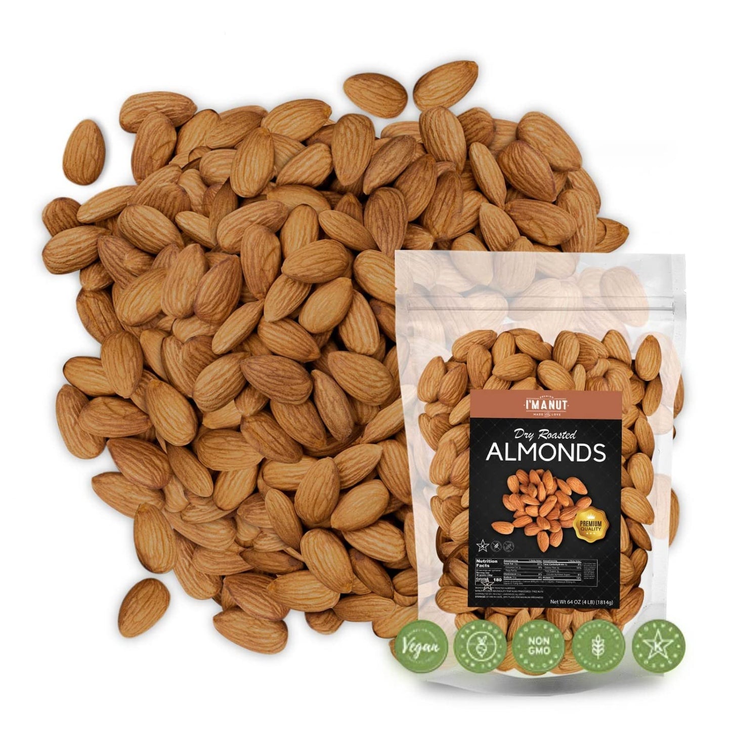 Dry Roasted Almonds Unsalted 64 oz (4 lbs) Batch Tested Gluten & Peanut Free | No Oil | Whole | No PPO | Non-GMO | No Herbicide 