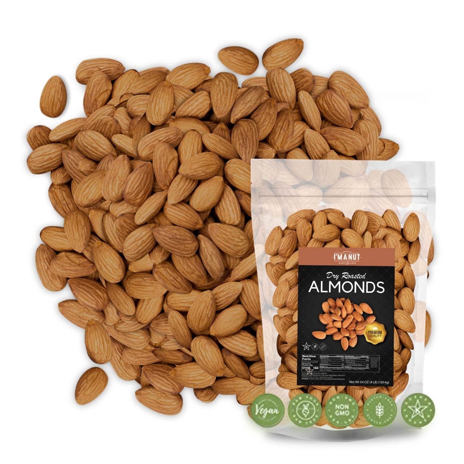 Dry Roasted Almonds Unsalted 64 oz (4 lbs) Batch Tested Gluten & Peanut Free | No Oil | Whole | No PPO | Non-GMO | No Herbicide 
