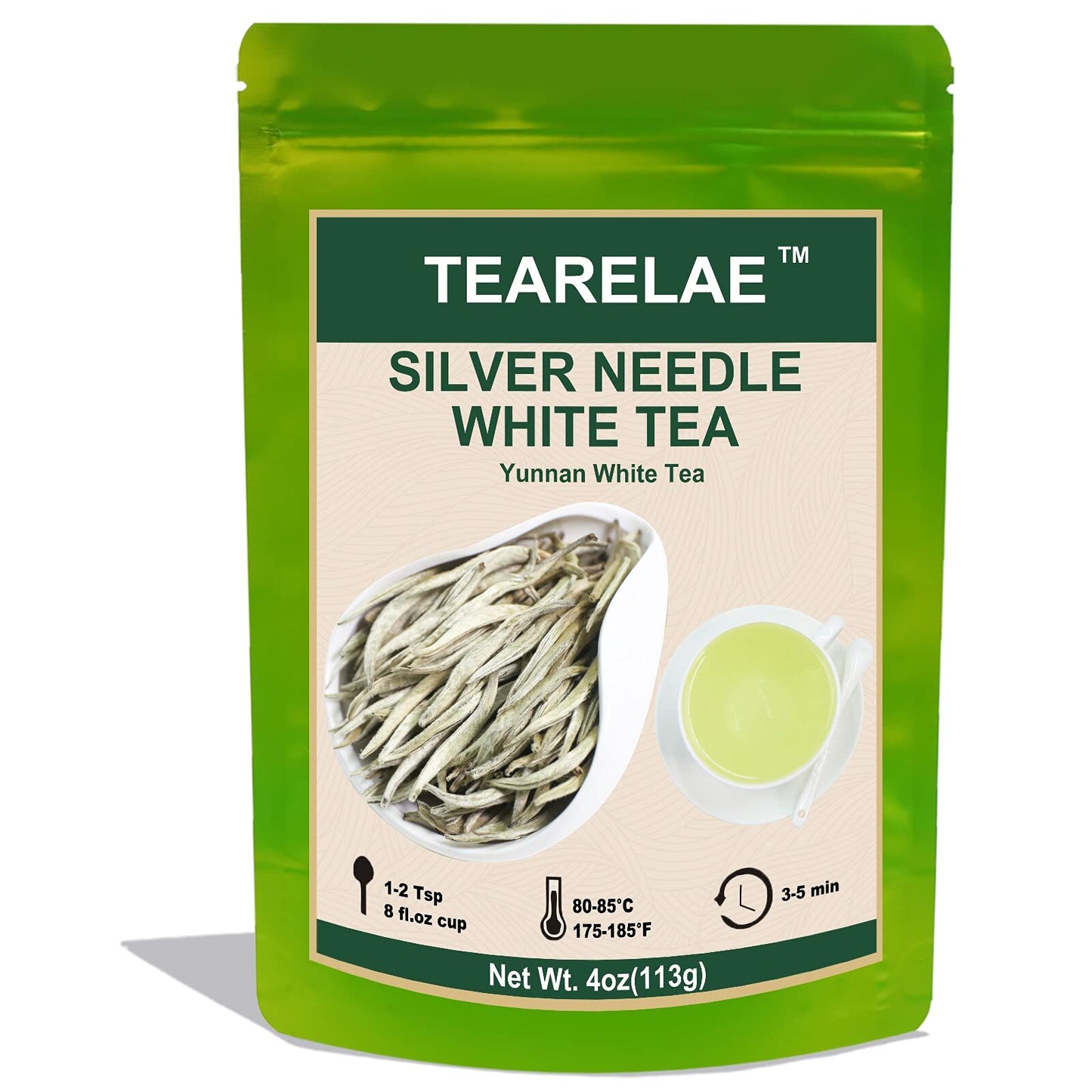TEARELAE Silver Needle White Tea Loose Leaf, 4oz, Chinese Yunnan, Low Caffeine, Gentle Woody Aroma, Bai Hao Yin Zhen, White