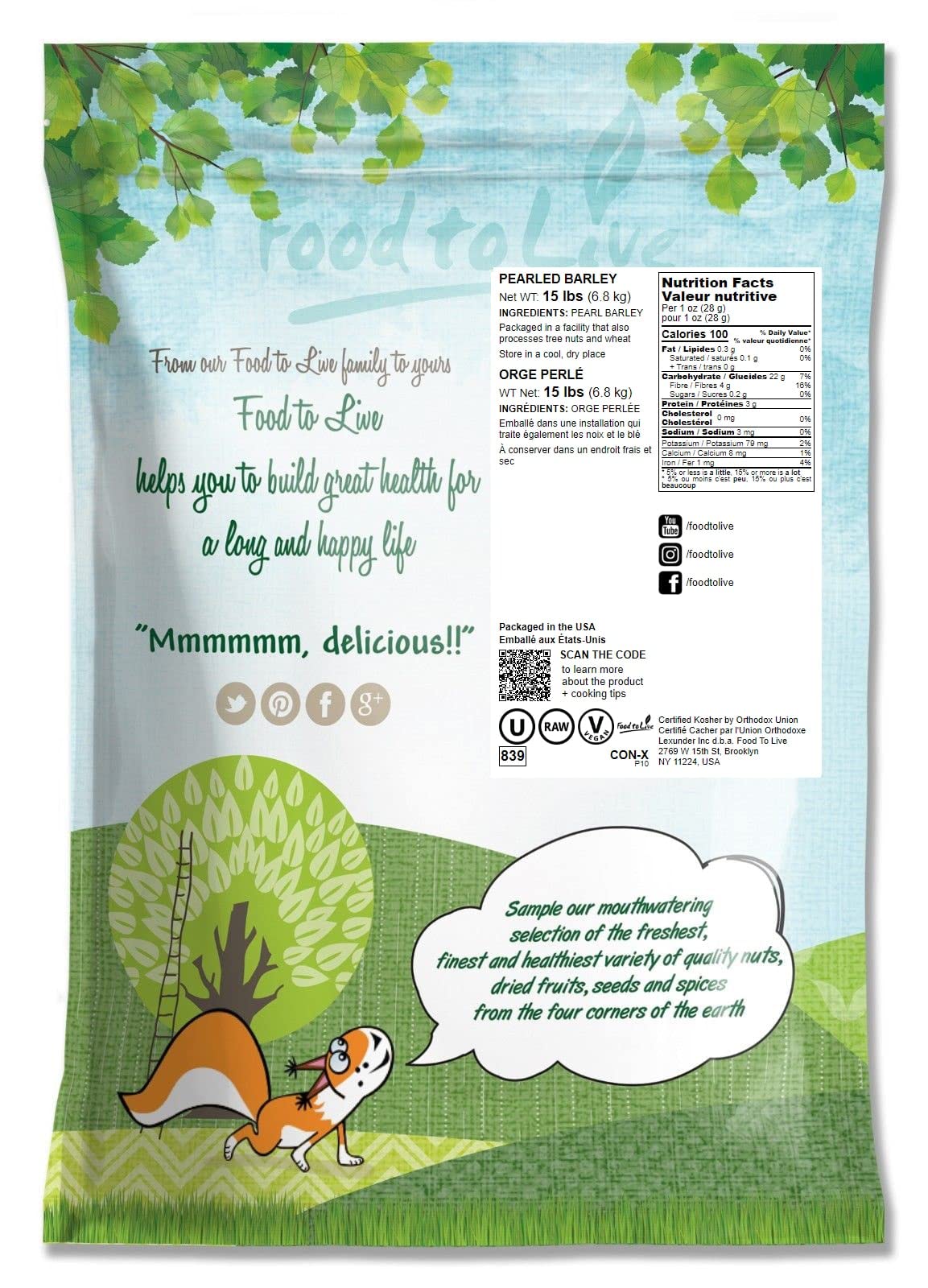 Food To Live - Pearl Barley, 15 Pounds Processed Hulled Barley, Cereal Grain, Kosher, Vegan, Bulk. Cooks Faster Than Hulled Barl