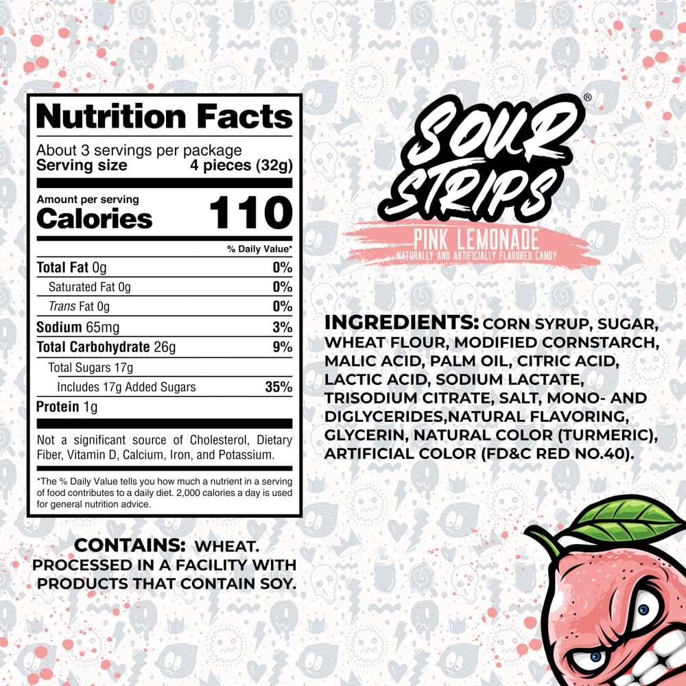 Sour Strips Flavored Sour Candy Strips, Deliciously Sour Chewy Candy Belts, Vegetarian Candies, 3 Pack (Pink Lemonade (3-Pack))
