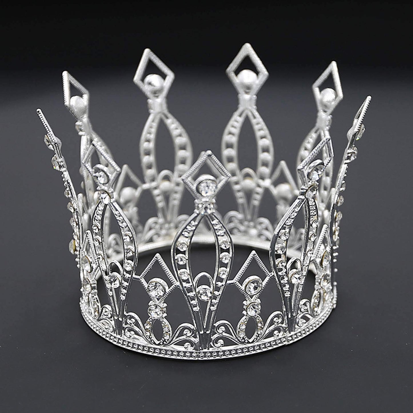 Crown Cake Topper Rhinestone Crystal Handmade Tiara Cake Decoration For Baby Shower Birthday Wedding Party Favors (Silver)
