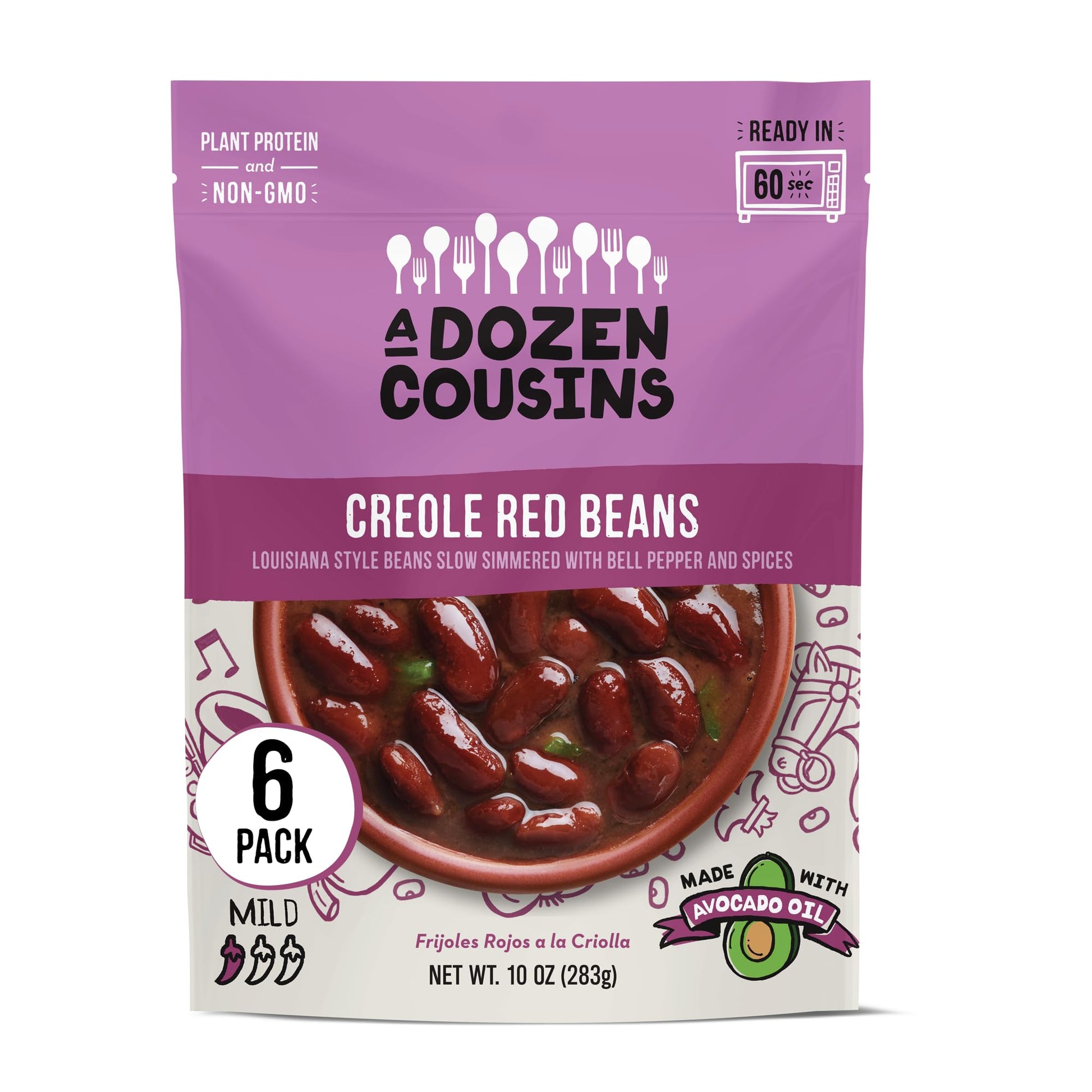 A Dozen Cousins Seasoned Beans, Microwaveable, Vegan and Non-GMO Meals Ready to Eat Made with Avocado Oil (Creole Red Beans, 6 P