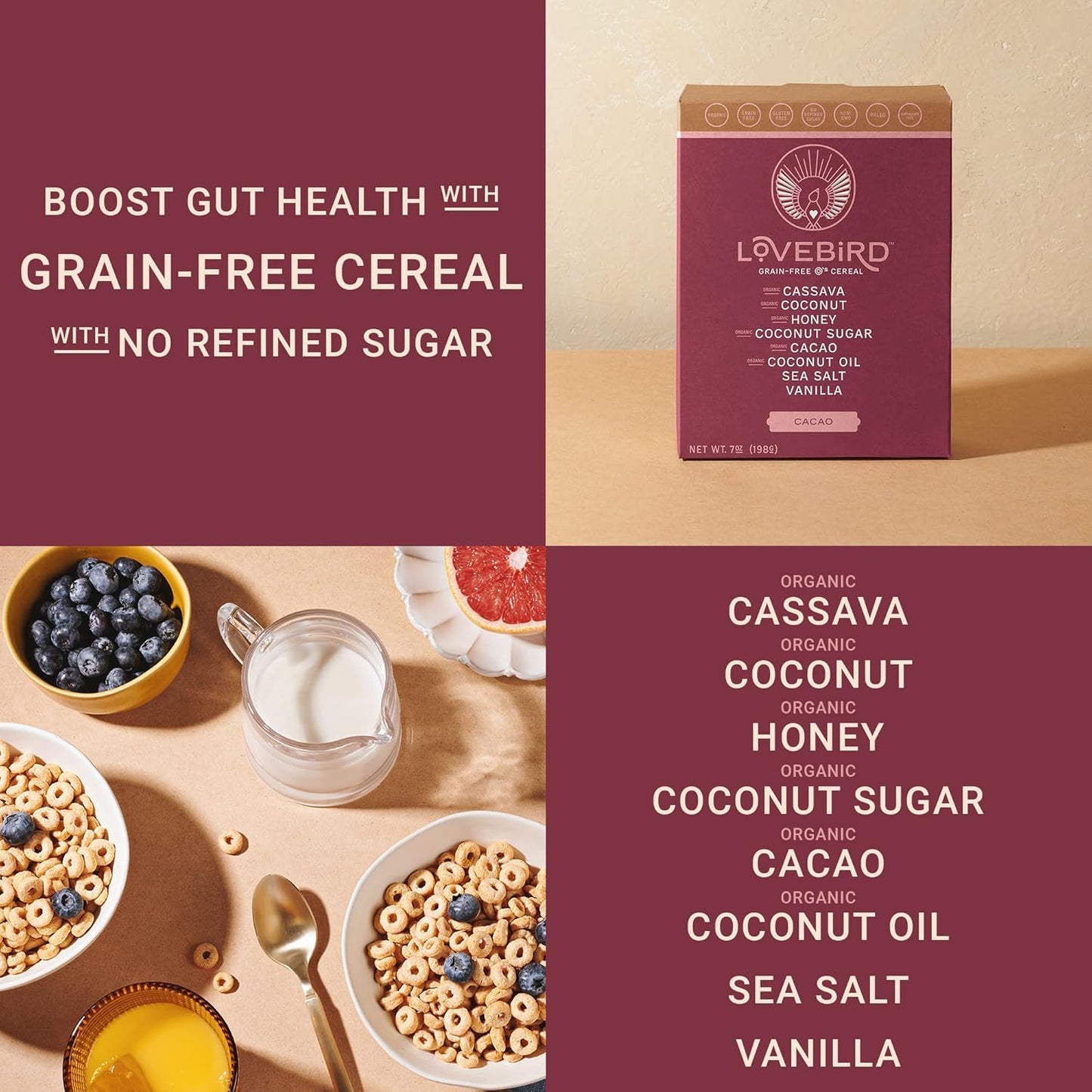 Lovebird Organic Cereal - Gluten Free, No Refined Sugar, Paleo & Keto Friendly, 0.48 oz (Pack of 5)