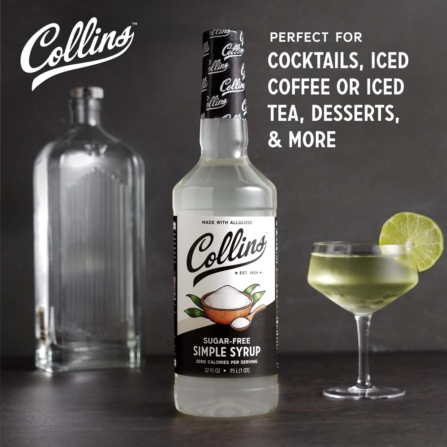 Collins Sugar Free Simple Syrup, Low Carb Cocktail Sweetener, 32 Fl Oz, Allulose Coffee Syrup