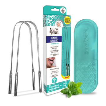 Gurunanda Tongue Scraper, Stainless Steel For Oral Hygiene, Bad Breath Treatment, Medical Grade 100% Cleaner With Travel Case Ad
