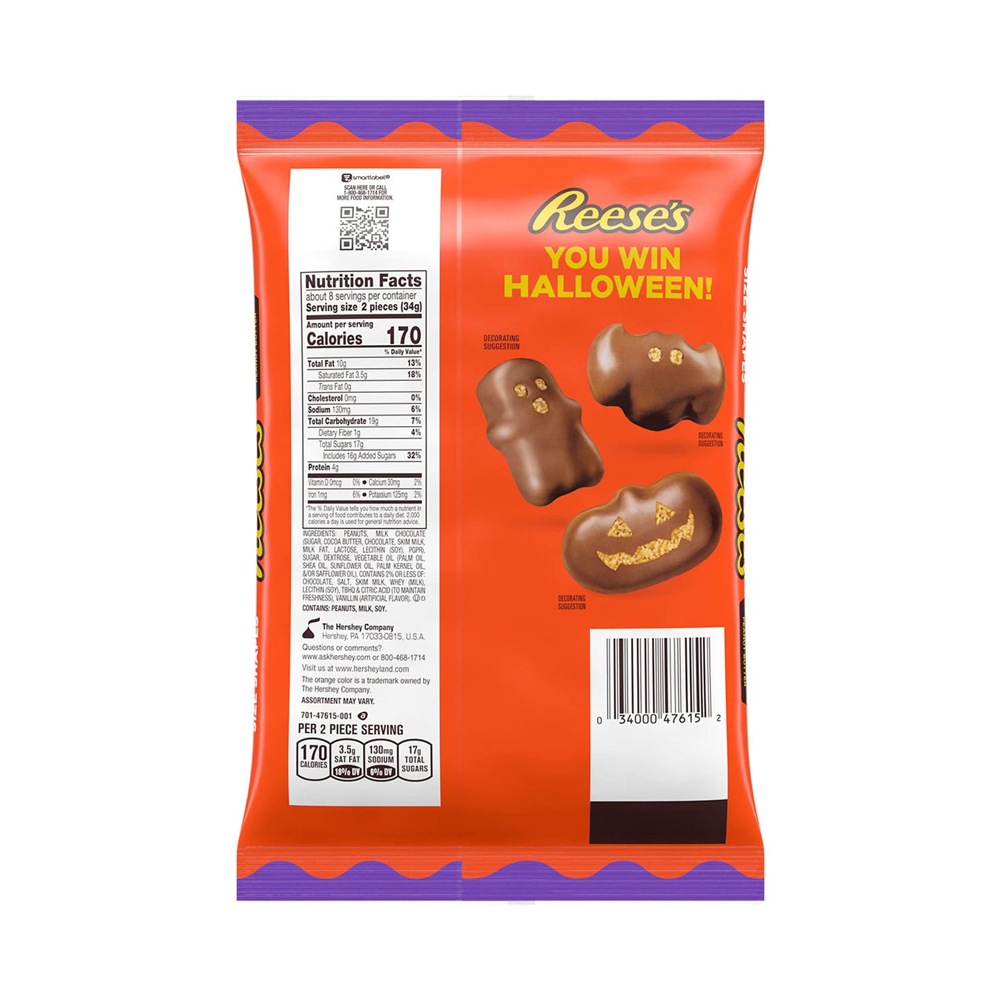 REESES Assorted Milk Chocolate Snack Size Peanut Butter Shapes, Halloween Candy Bag, 9 oz
