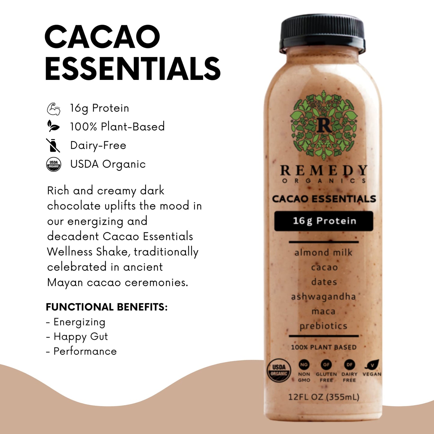 Remedy Organics Cacao Essentials 12-Pack | Plant Based 16g Protein Shakes  Ready to Drink | USDA Organic  Gluten Free  Dairy Free  Soy Free