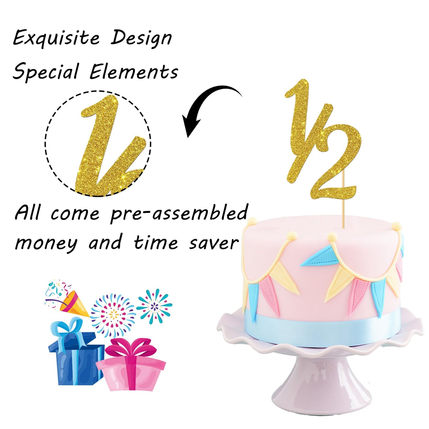 Gold Glitter Half Year Old Cake Topper - Half Year 1/2 Cake Topper - For Half Year Anniversary/Baby Shower/Baby'S Half Year Old