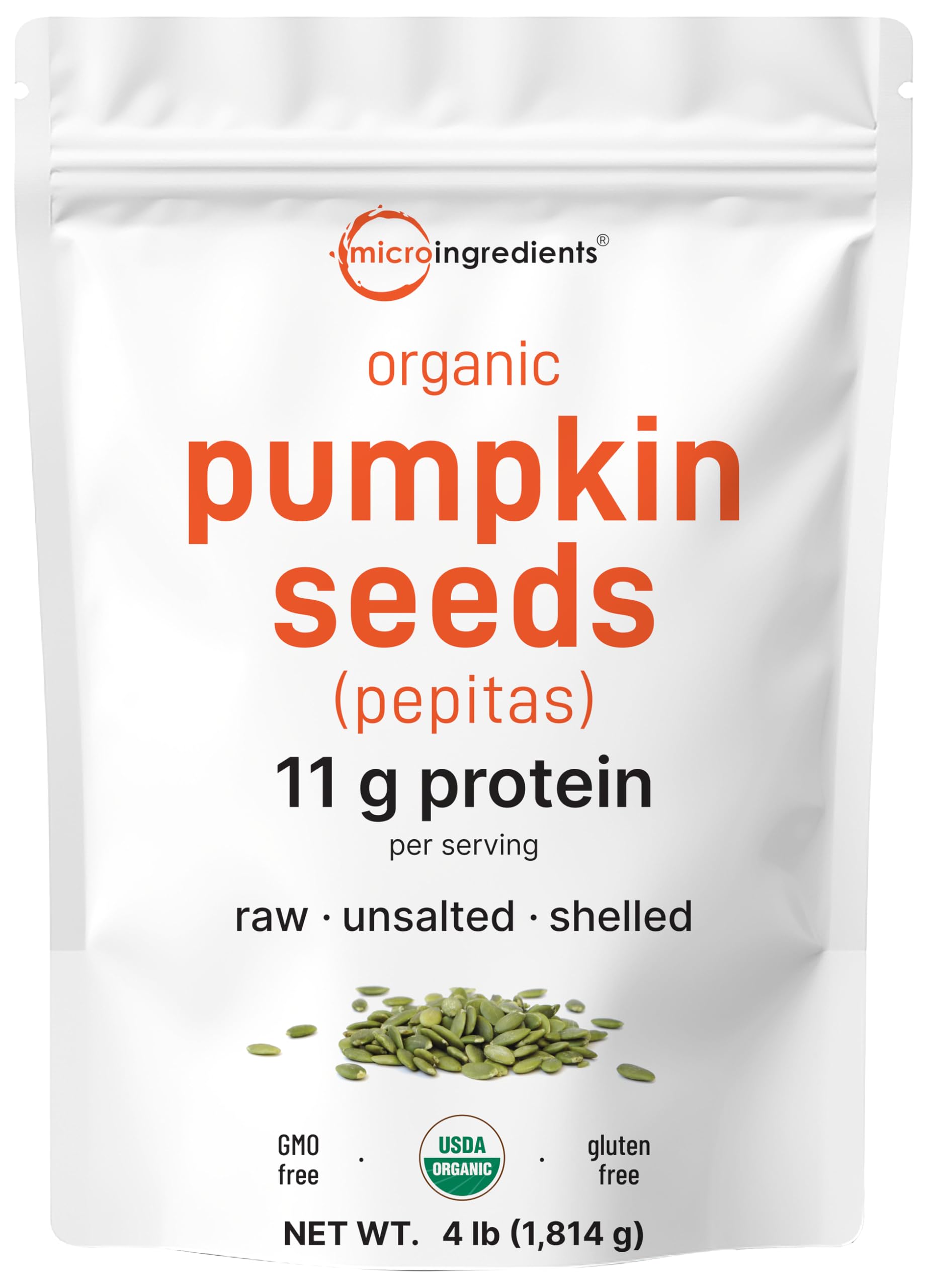 Organic Pumpkin Seeds  4lbs | Raw  Unsalted  & Shelled - Whole Pepitas | Pumpkin Seeds to Eat | Great for Baking  Smoothies  & Salad Toppings | Natural Source of Essential Fatty Acids  Protein  & Iron