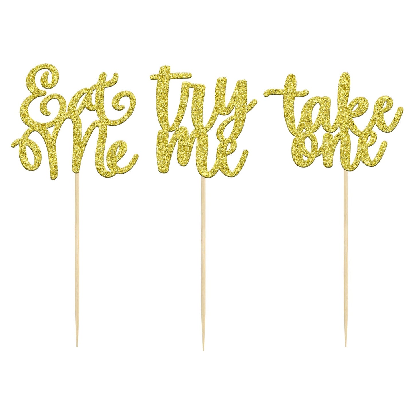 Gyufise 24 Pack Eat Me Cupcake Toppers Try Me Take One Gold Glitter Alice in Wonderland Cupcake Picks Decorations for Baby Showe