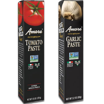 Amore Crowd Favorite - Garlic Paste (3.2oz) & Tomato Paste (4.5oz) in a Tube, Vegan, Non GMO Verified (Variety 2 Pack)