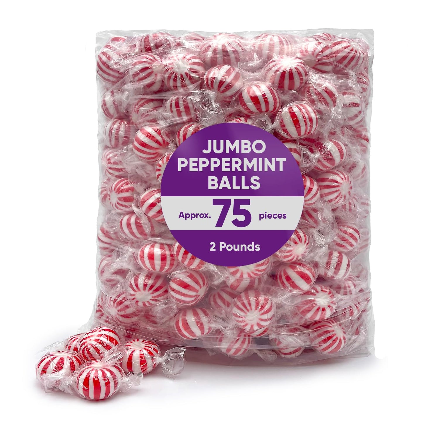 Jumbo Mint Balls Peppermint Hard Candy Bulk - 2 Pounds Approx 75 Pieces of Mini Candy Canes Balls for Christmas Candy Stocking S
