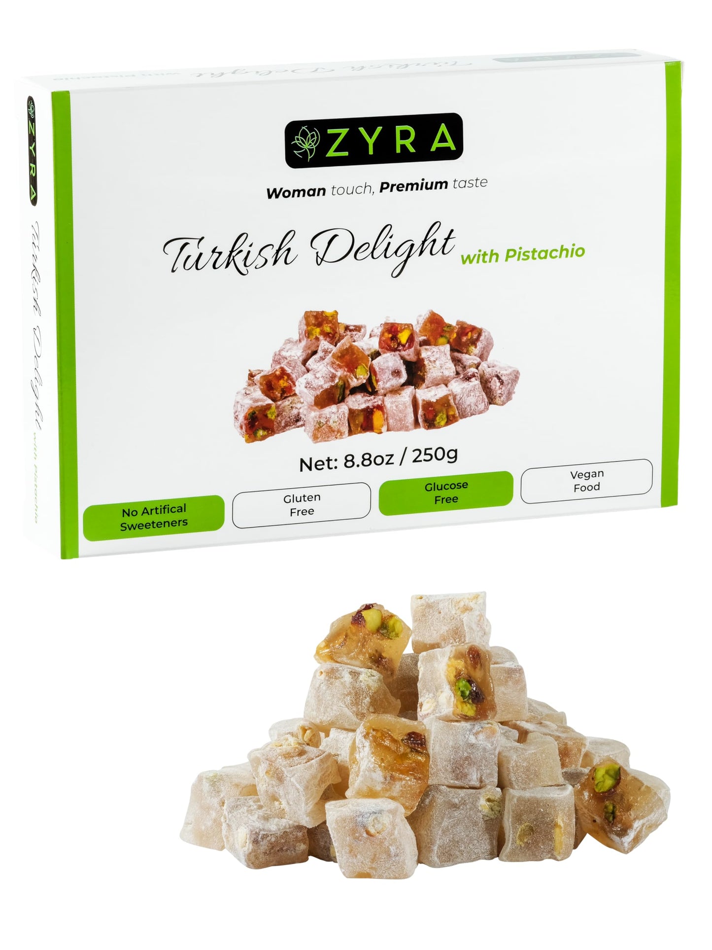 Zyra Turkish Delight With Pistachio - 8.8Oz - Woman Owned Brand - Luxury With Roasted Pistachio - Authentic Enhanced Lokum Confectionery - Gifts For Everyone