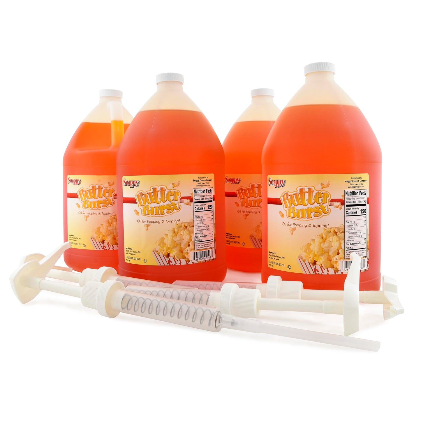 SNAPPY Butter Burst Popcorn Oil 4-Pack, 4 x 1 Gallon Jugs with Durable Pump Dispensers