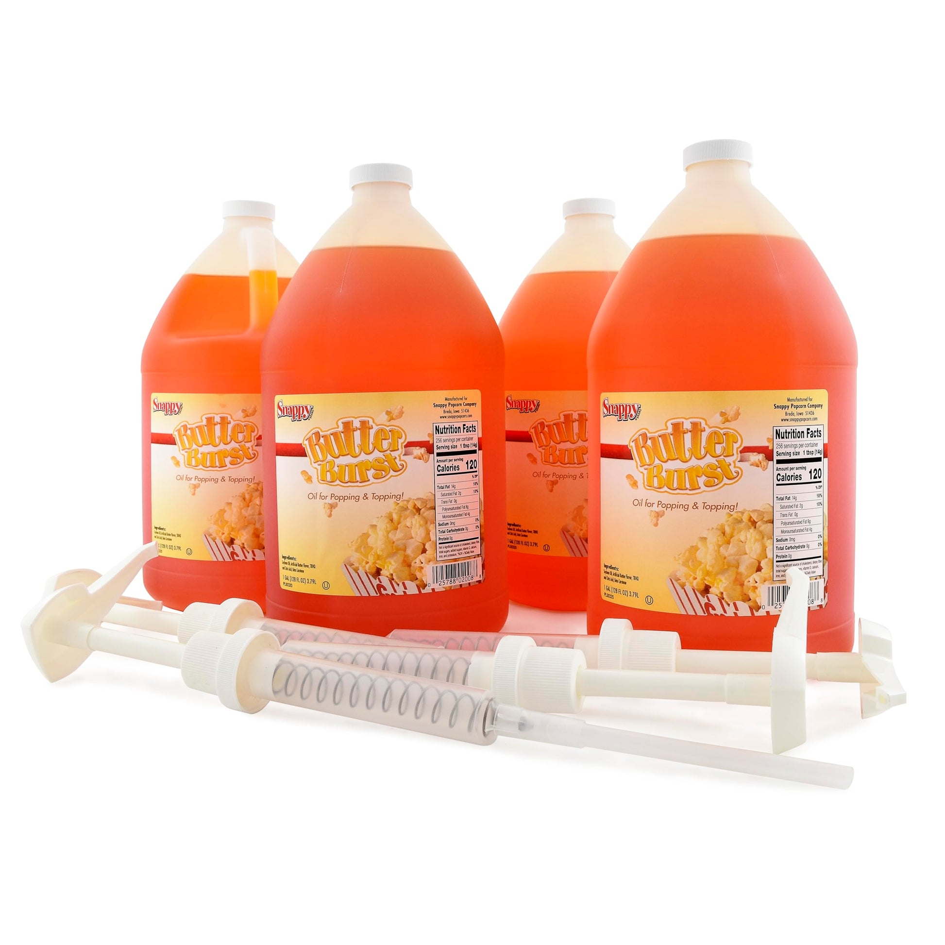 SNAPPY Butter Burst Popcorn Oil 4-Pack, 4 x 1 Gallon Jugs with Durable Pump Dispensers